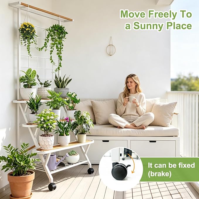 4 Tier Plant Stand Indoor Outdoor with Wheels, Large Metal Plant Shelf for Multiple Plants, Heavy Duty 130 lbs Capacity, Tall Flower Rack for Living Room Patio Balcony Garden, White