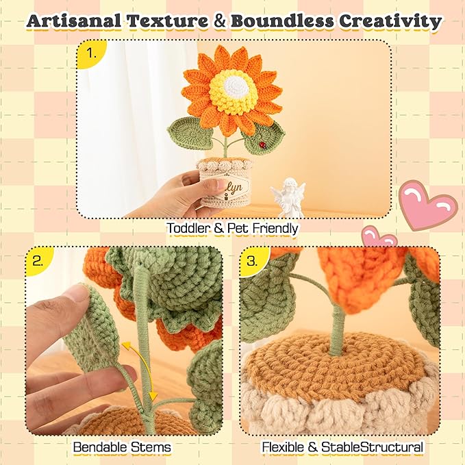 Crochet Flowers with Personalized Leather Name Tag Handmade Knitted Flowers for Home Office Desk Decor Crochet Sunflower Potted Plant for Women,Mother,Teachers, Birthday Crochet Gifts(Orange)