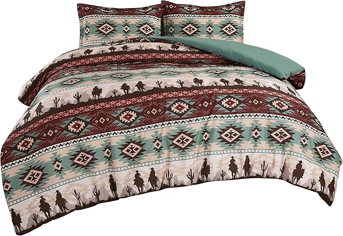 Chezmoi Collection Audun 3-Piece Southwestern Cowboys Aztec Comforter Set - Multicolor Teal Brown Beige Tan Red Printed Washed Microfiber Bedding, Queen Size