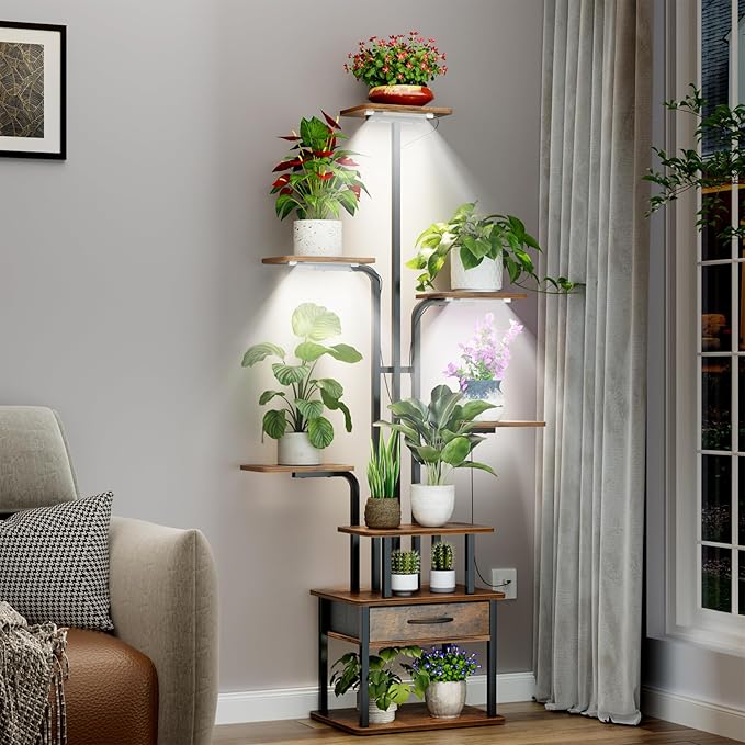 REFGY 8-Tier Tall Plant Stand with Grow Lights, Indoor Multi-Tiered Metal Plant Shelf with Large Storage Drawer, Heavy Duty Flower Pot Stand for Living Room, Bedroom, Balcony, Rustic Brown