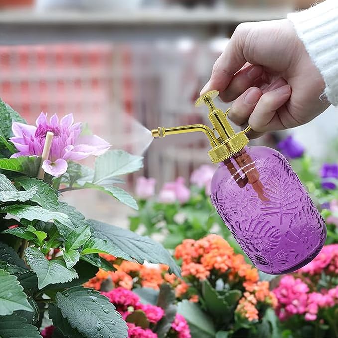 Glass Plant Mister Spray Bottle, 350ML Vintage Plant Spritzer, Succulent Watering Bottle Glass with Top Pump, Small Plants Sprayer Watering Can for Indoor (Purple)