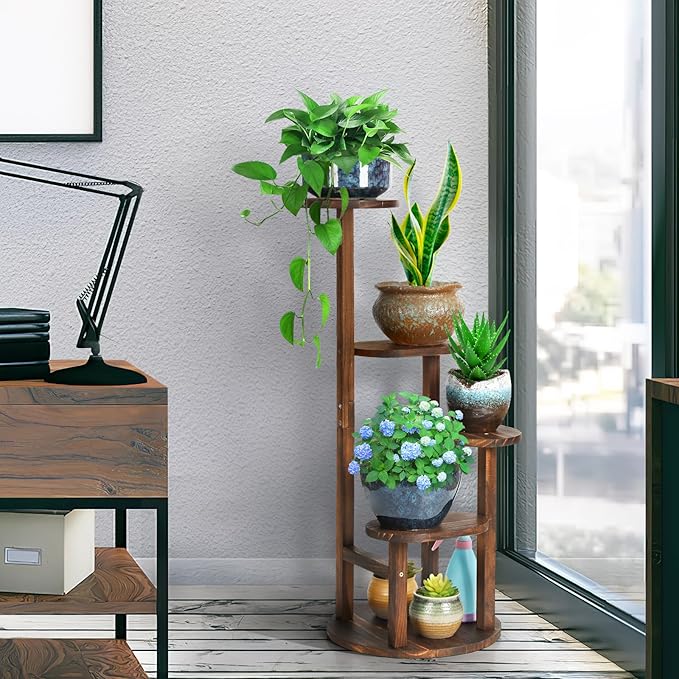 4 Tier Tall Plant Stand Indoor, Wood Corner Plant Shelf for Multiple Plants, Sturdy Oval Tiered Flower Pot Holder Display Rack for Living Room Balcony Patio, Carbonized Pine Wood
