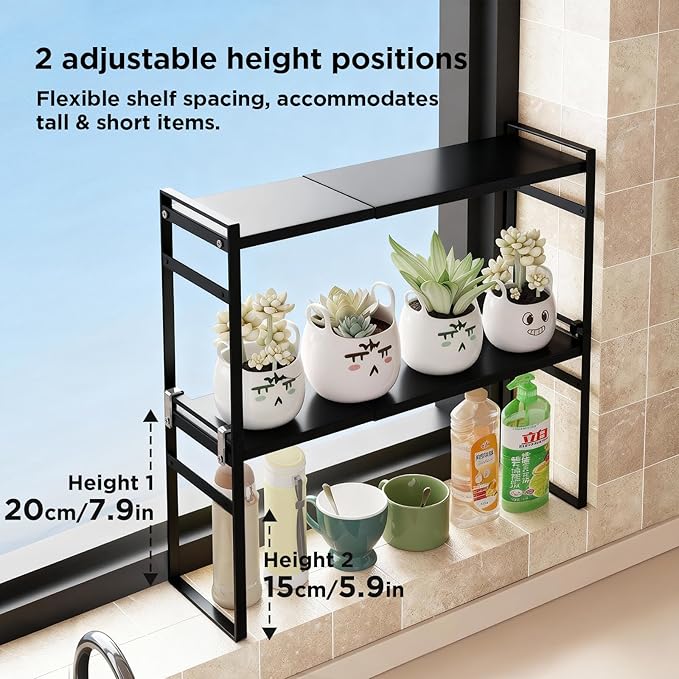2 Tier Expandable Stackable Narrow Shelf Organizer, Tall Countertop Organizer for Tight Spaces, Windowsill Plant Stand, Over-Sink/Faucet Shelf, Kitchen Storage, Bathroom Vanity, Laundry Room (Black)