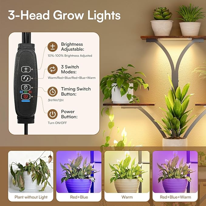 63" Plant Stand Indoor with Grow Lights, 10 Tiered Plant Shelf with Drawer, Corner Plant Stands for Indoor Plants, Metal Plant Flower Display Shelf, Tree-Shaped Plant Rack for Home, Black (2, Black)