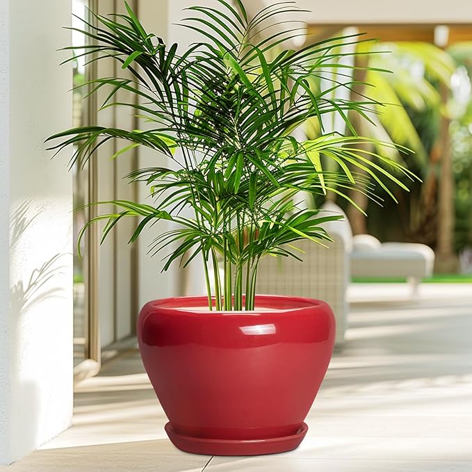 Ceramicfor 10 Inch Plant Pot - Ceramic Planter for Indoor Outdoor Plants, Glaze Modern Round Planter with Drainage Hole and Saucer, Gifts for Plant Lovers, Home Room Garden Decor, Red