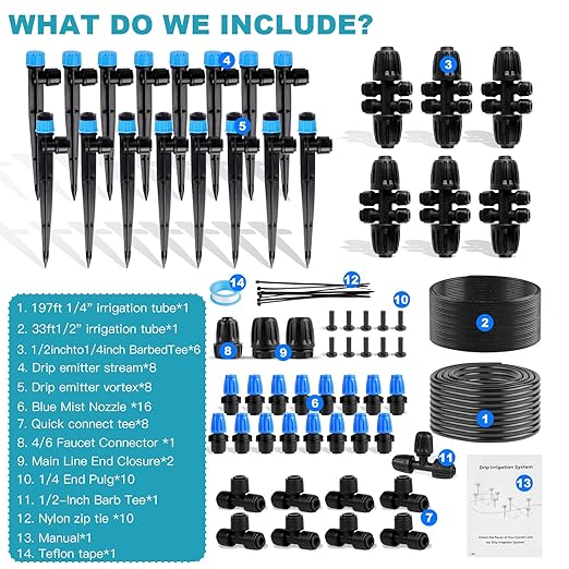 Garden Drip Irrigation System - 230FT Quick-Connect Automatic Watering Misting System Kit with 1/2" & 1/4" Tubing, Adjustable Spray Nozzles & Sprinklers for Lawn, Plant Bed, Greenhouse, DIY Irrigation