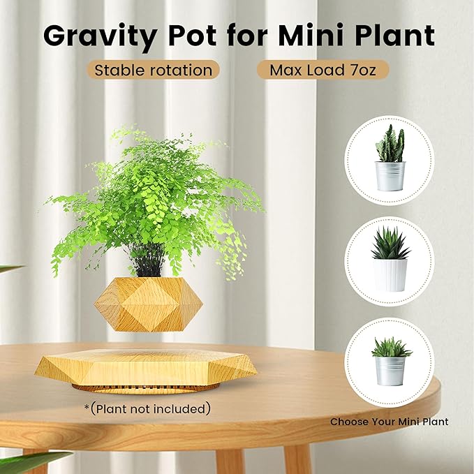 Levitating Plant Pot,Magnetic Floating Plant Pot for Small Plants,360°Rotating Levitating Desk Decor for Home & Office,Floating Pot Gift for Plant Lovers,Birthday, Christmas, New Year(Wood)
