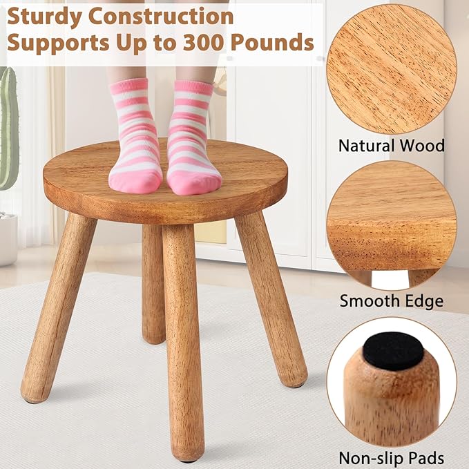 Round Solid Wooden Step Stool, 11.8''H Non-Slip Indoor Plant Stand, Portable & Sturdy Wooden Plants Stand, Gardening Display Footstool for Decor Living Room Patio -Walnut