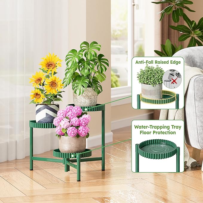 Plant Stand Indoor Outdoor, 3 Tier Corner Metal Flower Display Holder Shelf, Folding Tall Plant Rack for House Patio Balcony Porch Living Room, Heavy Duty Anti-Rust Wrought Iron - GreenFloroma