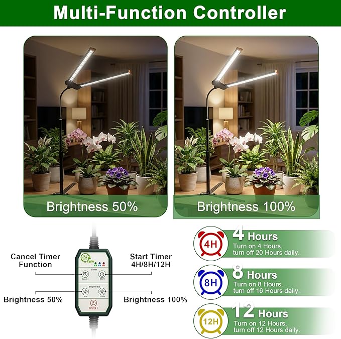 Grow Light for Indoor Plants,6000K White Sun Spectrum Growing Light Lamp with Red Blue LED for Pot Succulents Seeds, Light Strip Foldable & Height Extendable 9-25'', Auto Timer 4 8 12Hrs