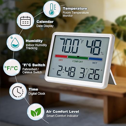 Digital Hygrometer Indoor Thermometer, Clock with Temp & Humidity, Temp Gauge with Comfort Indicator, Wall/Magnetic/Desk Alarm Clock for Bedroom, Baby Room, Office, Kitchen, Garage (White)