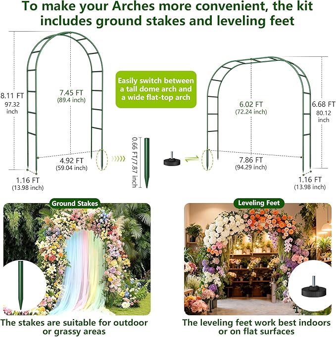 Thickened Rustproof Garden Arch Metal Trellis for Climbing Plants Outdoor, Wedding Arch Garden Arbor Frame Archway 4.9 x8.1 or 7.9 x6.7Ft Flower Arches for Bridal Party Decoration (Green)