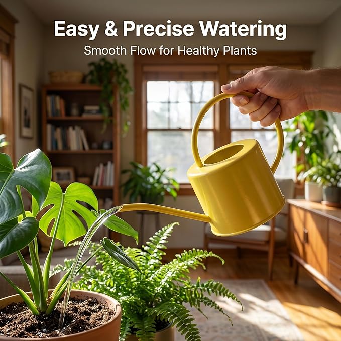 Metal Watering Can Modern Style Watering Pot with Handle and Long Spout Watering Can Garden Tools 57 Oz/1.7,Yellow