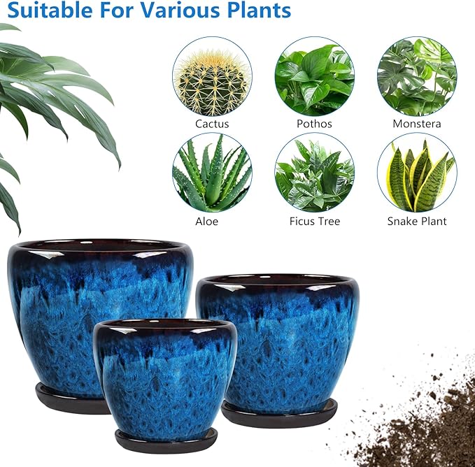 Ceramic Plant Pots with Saucer,10 inch Glaze Large Planters for Indoor Plants with Drainage Holes, Decorative Flower Pots Outdoor,Modern Orchid Pots for Home Room Decor