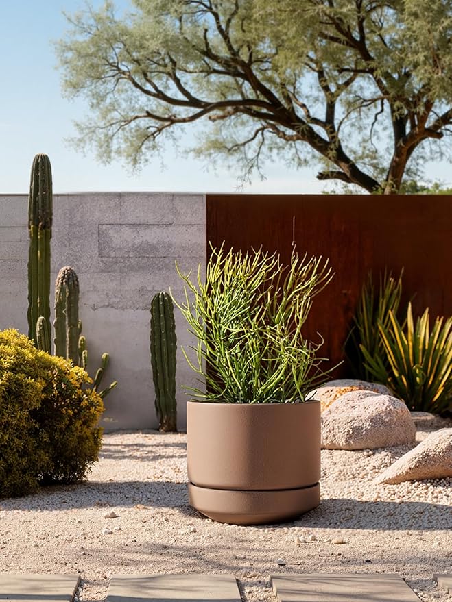 LE TAUCI Large 14 Inch Plant Pot with Saucer | Ceramic Outdoor & Indoor Big Planter Pot | Drainage Hole, Mesh Pad | Unglazed Porous | Modern Minimalist for Home and Patio – Terracotta Color