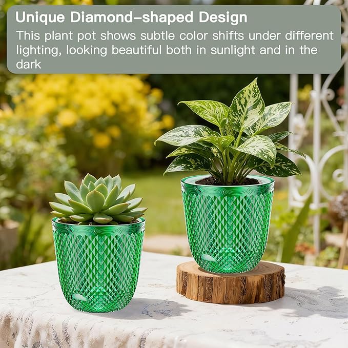 QCQHDU 2 Pack Self Watering Pots, 7.2 Inch Flower Pots with Drainage Holes and Water Filling Port, Garden Planter for Indoor Outdoor Plants (Emerald)