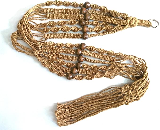 1 PCS 6 Legs Macrame Plant Hanger Jute Double Tiers Plant Hanger & Plant Holder with 6 pcs Round Brown Wood Bead, Hanging Planter 65-inches for 8 inch and 10 Inch Plant Pot (Without Pot)