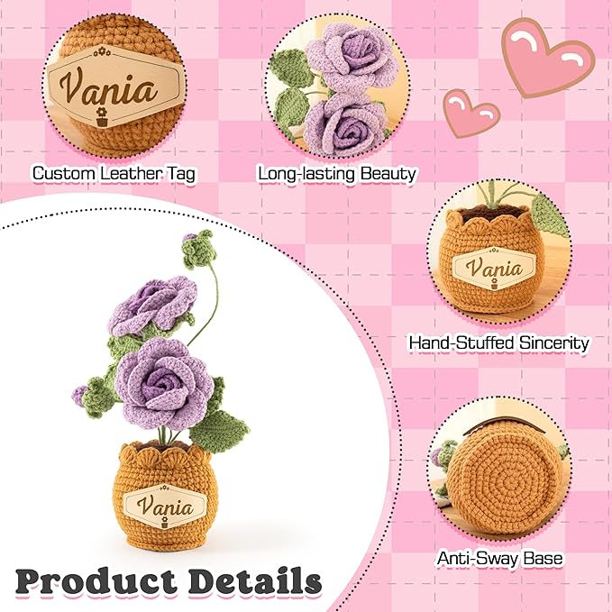 Crochet Flowers with Personalized Leather Name Tag Handmade Knitted Flowers for Home Office Desk Decor Crochet Rose Flower Potted Plant Crochet Gift for Women,Mom,Teacher, Birthday(Purple)