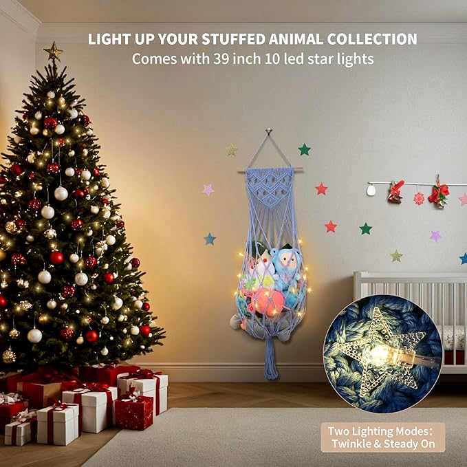 Stuffed Animal Storage Hammock Corner, 63'' Jumbo Boho Macrame Toy Holder Wall Mounted, Hanging Net Organizer for Nursery Decor, Dark Blue Plush Toy Net with Star Light for Boys Girls Gift