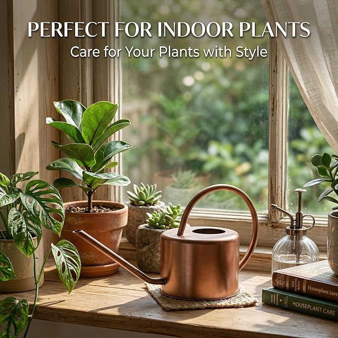 Topadorn 1.3L Watering Can for Indoor and Outdoor Plants - Long Spout Water Can for Garden, Flower, House Plants, Decorative Brown Watering Can