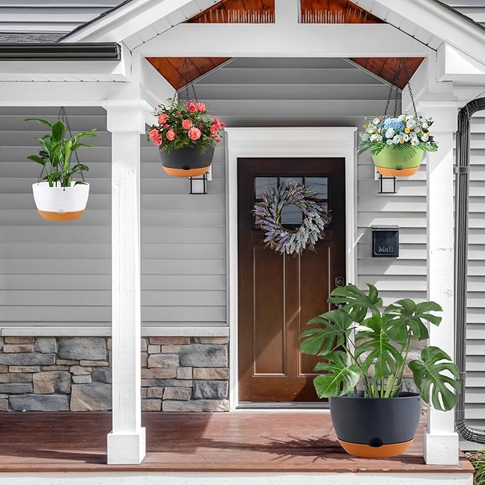 Nooulap 3 Pack Self Watering Planters for Plants Indoor,10 Inch Plant Pot Outdoor Plastic Flower Pot with Drainage and Saucers(Grey)