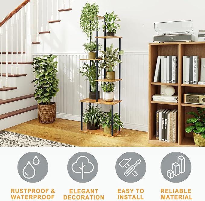 Plant Stand Indoor, 6-Tier Tall Plant Shelf Multiple Metal Wood Flower Pot Holder for Living Room Office Balcony Patio, Rustic Brown