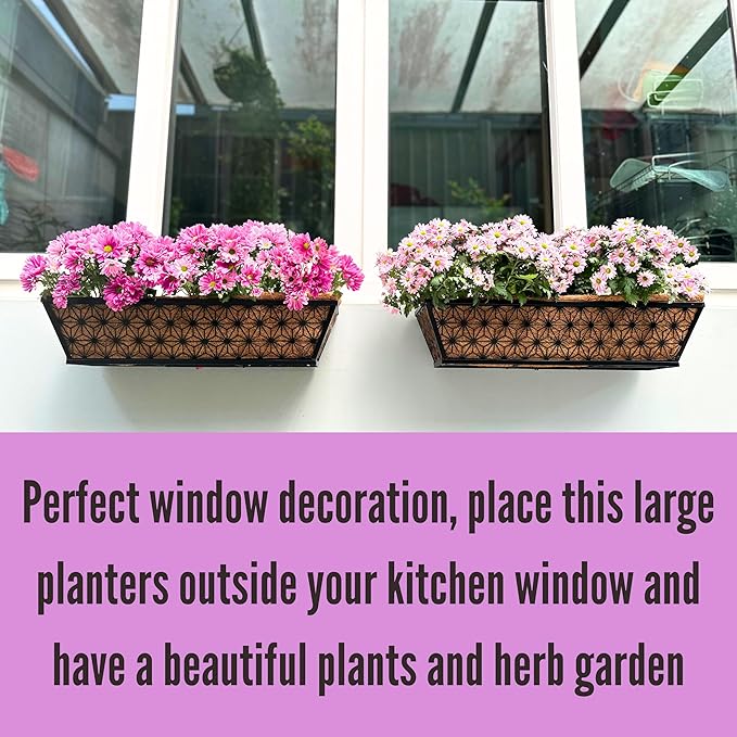 LaLaGreen Window Boxes Planter for Outdoor Plants (2 Pack, 24 Inch) Black Metal Rectangular Flower Pot Wall Planters with Coco Liner, Modern Stylish Horse Trough Deck Railing Rail Balcony Patio Fence