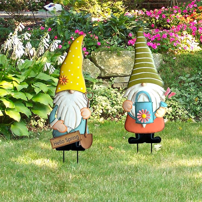 Metal Gnome Decorative Garden Stakes,23.8” Set of 2 Spring Garden Gnomes Outdoor Decor with Flower Butterfly Watering Can Ornament, Gnomes Decorations for Yard Lawn Backyard Porch Outside Decorations