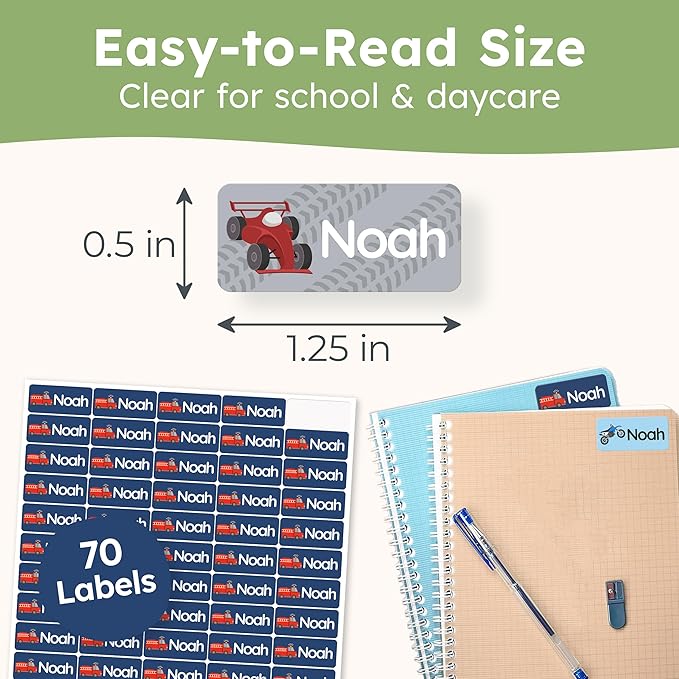 Personalized Name Labels for Kids (70 Labels) - Durable & Waterproof Custom Name Stickers for Clothing Tags, School Supplies, Camp & Daycare - Gears (1.2”x0.5”)