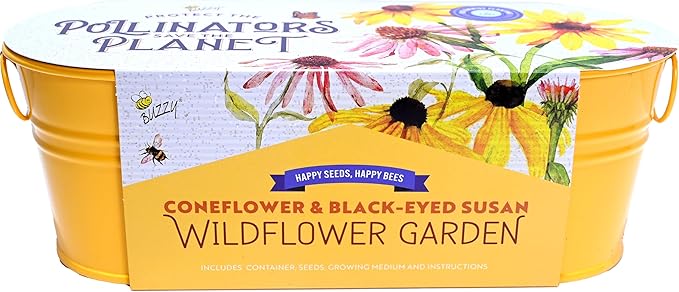 Buzzy Seeds Wildflower Garden Grow Kit, All-in-One Indoor Seed Starter Set with Non-GMO Mix of Coneflowers and Black Eyed Susans with a Decorative Planter - Great Gift for Gardeners, Gardening Project