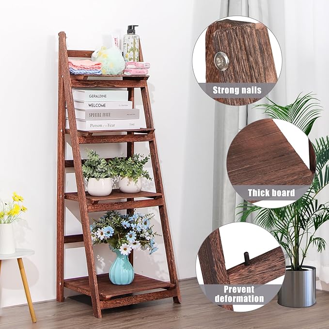 Funkeen 4 Tier Wooden Ladder Shelf, Decorative Freestanding Leaning Display Bookshelf, Folding Indoor & Outdoor Plant Stand Rustic Storage Rack Shelves for Living Room, Bathroom, Balcony, Kitchen