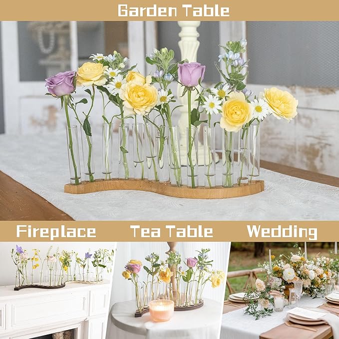 Test Tube Vases for Flowers，Small Plant Propagation Station，S Shape Plant Terrarium with Wooden Stand (Solid Beech)