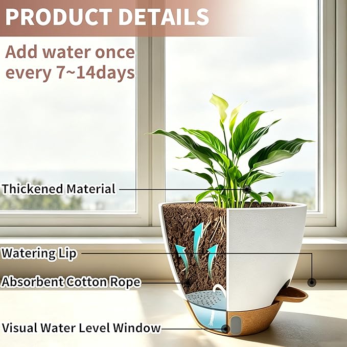 MNKXL 4-Pack Large Self Watering Pots for Indoor Plants, 12/10/9/8 Inch Planters with Visible Water Level Window, Automatic Watering System for Monstera, Fiddle Leaf, Herbs, Succulents, White