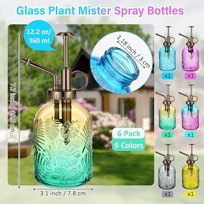 Sliner 6 Pack Glass Plant Mister Spray Bottles 7.7" Tall Glass Water Spray Bottle 12.2 oz Hand Pump Sprayer Fine Mist Watering Can with One Hand Top Pump for Indoor & Outdoor Houseplants (Bronze)