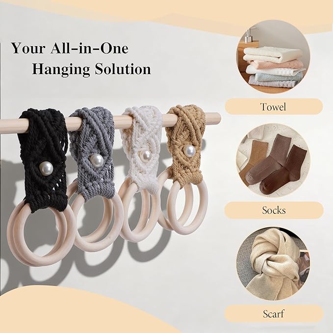BROWNLILY 4 Pcs Handmade Crochet Towel Holder with Unique Pearl Button for Bathroom, Hanging Towel Rack for Kitchen, Macrame Towel Hanger Over The Cabinet Oven Stove Door - Double Rings