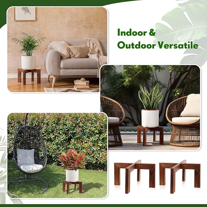 Tandefio 5 Pack Wood Plant Stand Indoor Outdoor Plant Holder Modern Sturdy Flower Pot Stands Flower Planter Wooden Stool, Fit 5-18 Inch Variety Pot, Easily Assemble, Retro Brown(11.8 x 6.7 Inches)