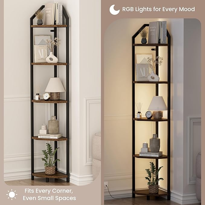 70 Inch Corner Shelf with LED Lights, 5-Tier Corner Bookshelf for Small Spaces, Wood & Metal Storage Rack for Bedroom, Living Room, Office - Modern Space Saving Design- Brown