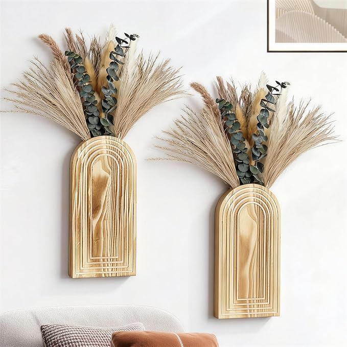Wooden Wall Vase Set of 2 with Dried Pampas Grass & Eucalyptus – Boho Farmhouse Wall Decor for Living Room, Bathroom, Entryway or Hallway, Rustic Modern Wooden Wall Art