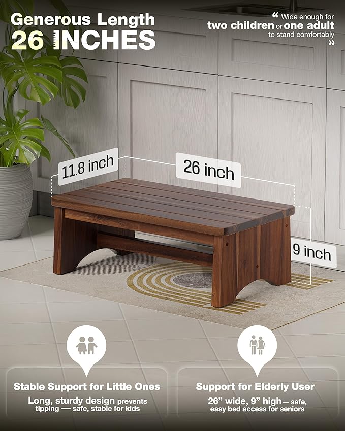FANATU Extra Wide 26in Wooden Step Stool, Heavy Duty One Step Stool for Adults and Seniors, Holds Up to 550 lbs, Reinforced Cross Bar, Non-Skid Surface (Walnut)