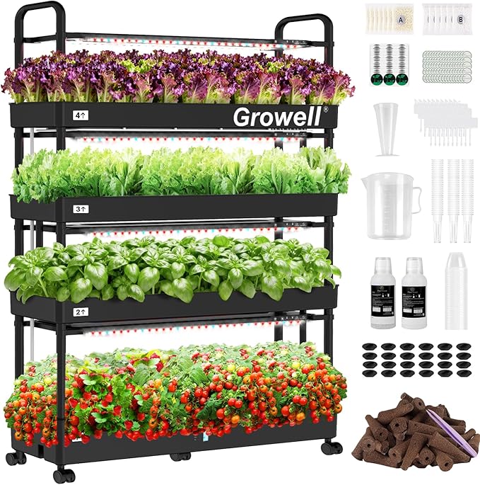 Growell Large Hydroponics Growing System Kit, 120 Pods Vertical Indoor Herb Garden Kit with 2 Light Modes & Auto Circulating Water System, 48L Movable Indoor Gardening System for Herb Vegetable Fruit