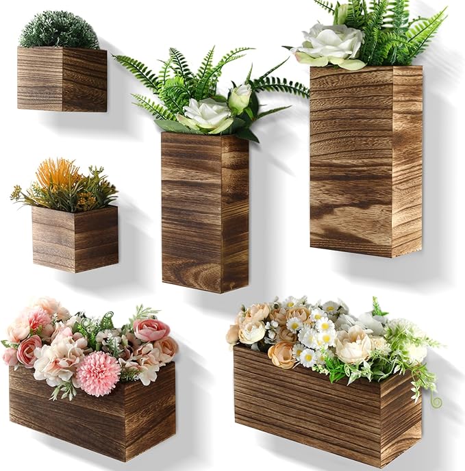 Ziliny 6 Pack Rustic Wood Wall Planters Hanging Wall Planters Pocket Vases Hanging Decor Vase for Plants Dried Flowers Faux Greenery Plants Indoor Living Room Bedroom Farmhouse Home Decor(5 Sizes)