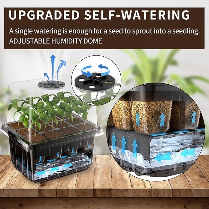Seed Starter Trays Self-Watering - Kit with Humidity Dome, 5-Pack 60-Cell Plant Seedling Tray,Reusable Germination Trays for Indoor Gardening Seeds Growing Starting