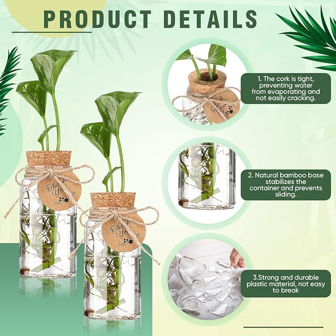 Baderke 3.54'' Plastic Plant Propagation Stations with Hole Lid 4oz Planter Vase Clear Propagation Jars with Thank You Tags for Plant Lover Gifts for Women Office Home Garden(12 Pack)