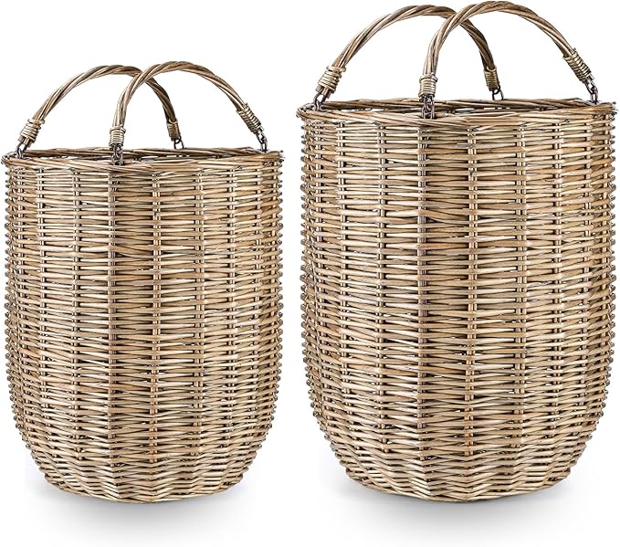 Boao Set of 2 Large Rattan Storage Basket - Round Handwoven Wicker Blanket Organization Baskets with Handles for Home Planter Decor, Laundry Hamper