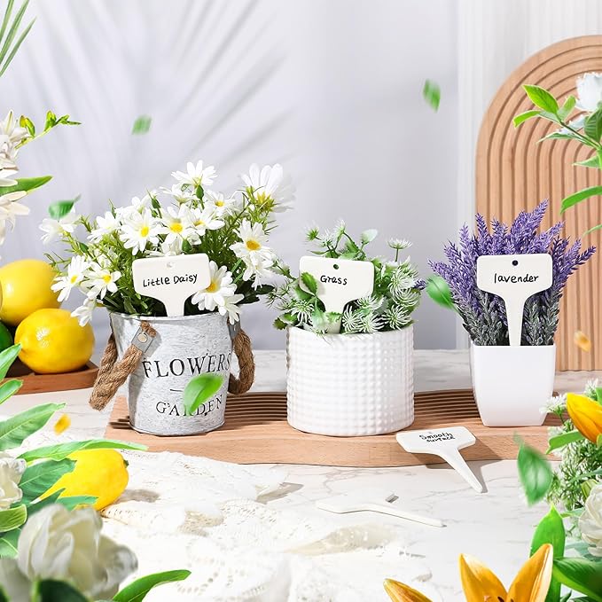 DoubleFill 20 Pcs Ceramic Plant Labels 3.9 x 2.4 Inch Plant T Type Tags Waterproof Nursery Garden Marker Signs with Marker Pen for Outdoor Garden Flower Herb Pot
