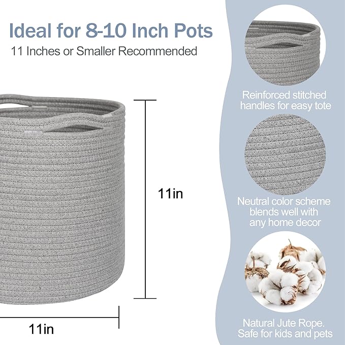 MEGASKET Grey Plant Basket, Woven Basket Planter for 10 inch Pot, Round Indoor Tree Pot Cover, Small Gray Storage Bin Organizer, Decorative Planter and Home Decor, 11”X11”