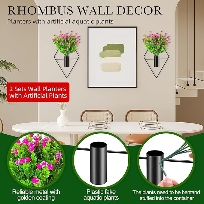 2 Pack Wall Decor Hanging Planters with Artificial Plants Metal Hanging Vase Indoor Plants Holder Modern Boho Wall Art for Bathroom Bedroom Living Room Office (Black Eucalyptus)