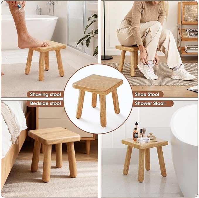 9 Inch Small Wooden Step Stool, multi-functional footstool, shoe changing stool, indoor plant stand, portable and sturdy, suitable for living room, kitchen, bedroom, bathroom (Natural wood color)