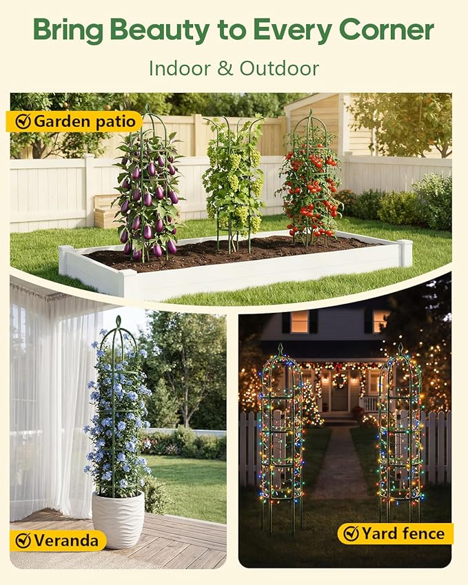 Joyhalo 2 Pack Trellis for Climbing Plants Outdoor, 6.2ft High Adjustable Garden Trellis for Flowers, Green Plastic Coated Steel Plant Stakes Use As Tomato Cage