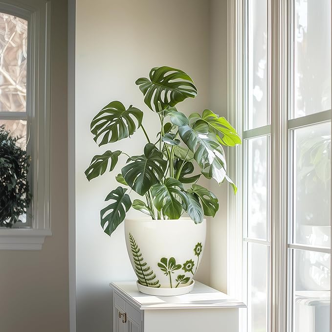 MPotTo 8.2 Inch Plant Pot - Ceramic Planter for Indoor Outdoor Flowers, Boho Round Decorative Indoor Flower Pot with Drainage Hole and Saucer, Gifts for Plant Lovers, Office Garden House Decor, White